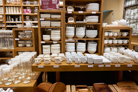 SINGAPORE - CIRCA APRIL, 2019: interior shot of Muji store in Jewel Changi Airport. Muji is a Japanese retail company which sells a wide variety of household and consumer goods.のeditorial素材