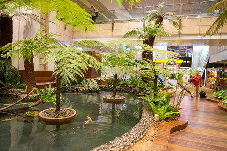 SINGAPORE - CIRCA APRIL, 2019: a pond seend at Enchanted Garden in Singapore Changi International Airport.のeditorial素材