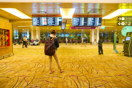 SINGAPORE - CIRCA APRIL, 2019: woman looking at timetable departure board in Singapore Changi Airport.のeditorial素材