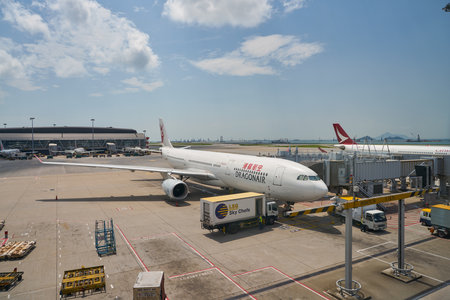 HONG KONG, CHINA - CIRCA APRIL, 2019: Cathay Dragon Airbus A330 on tarmac in Hong Kong International Airport.のeditorial素材