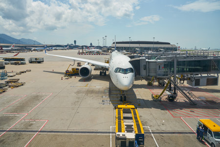 HONG KONG, CHINA - CIRCA APRIL, 2019: Singapore Airlines Airbus A350 on tarmac in Hong Kong...