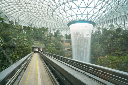 SINGAPORE - CIRCA APRIL, 2019: the Rain Vortex at Jewel seen from the Skytrain Changi Airport.のeditorial素材