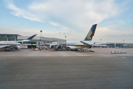 SINGAPORE - CIRCA APRIL, 2019: Changi International Airport seen from Singapore Airbus A350.のeditorial素材