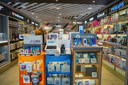 HONG KONG, CHINA - CIRCA APRIL, 2019: goods on display at the E-Lifestyle by Sprint-Cass in Hong Kong International Airport.のeditorial素材