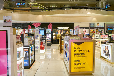 SINGAPORE - CIRCA APRIL, 2019: goods on display at Cosmetics & Perfumes by The Shilla Duty Free in Changi International Airport.のeditorial素材