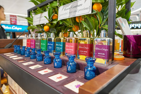 HONG KONG, CHINA - CIRCA APRIL, 2019: Atelier Cologne fragrances on display in Hong Kong International Airport Duty Free area.のeditorial素材