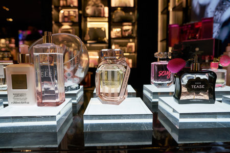 SINGAPORE - CIRCA APRIL, 2019: goods on display at Victoria's Secret shop in Singapore Changi...