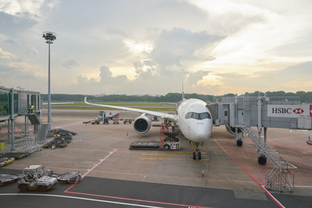 SINGAPORE - CIRCA APRIL, 2019: Singapore Airlines Airbus A350 on tarmac at Singapore Changi Airport.