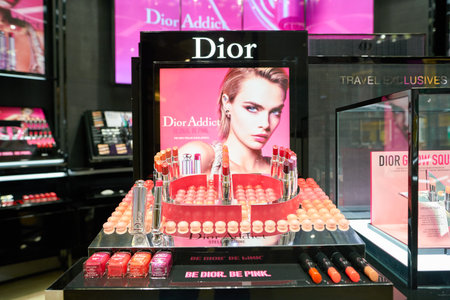 SINGAPORE - CIRCA APRIL, 2019: Dior cosmetics products on display at Changi International Airport.のeditorial素材