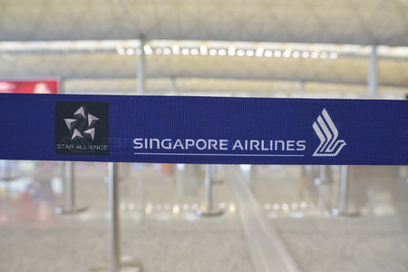 HONG KONG - CIRCA APRIL, 2019: close up shot of Singapore Airlines sign at Hong Kong International...