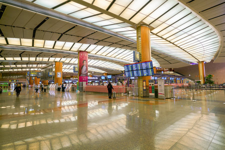 SINGAPORE - CIRCA APRIL, 2019: check-in area at Singapore Changi International Airport, Terminal 2.のeditorial素材