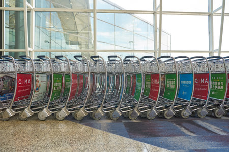 HONG KONG - CIRCA APRIL, 2019: luggage carts at Hong Kong International Airport.