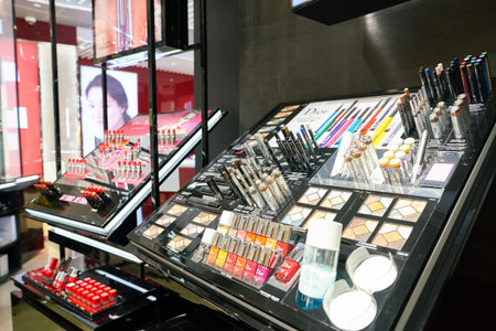 SINGAPORE - CIRCA APRIL, 2019: Dior cosmetics products on display at Changi International Airport.のeditorial素材