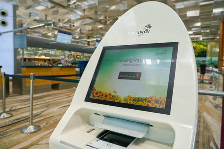 SINGAPORE - CIRCA APRIL, 2019: self check-in kiosks at Changi International Airport.