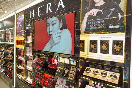 HONG KONG, CHINA - CIRCA APRIL, 2019: Hera cosmetics on display in Hong Kong International Airport Duty Free area.のeditorial素材