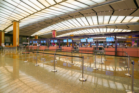 SINGAPORE - CIRCA APRIL, 2019: check-in area at Singapore Changi International Airport, Terminal 2.のeditorial素材