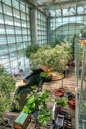 SINGAPORE - CIRCA APRIL, 2019: Koi Pond in Singapore Changi Airport.のeditorial素材