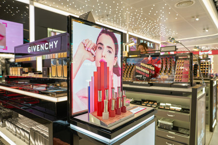 HONG KONG, CHINA - CIRCA APRIL, 2019: cosmetics on display in Hong Kong International Airport Duty Free area.のeditorial素材