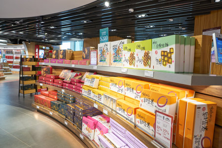 HONG KONG, CHINA - ARPIL, 2019: goods on display at Duty Free area in Hong Kong International...