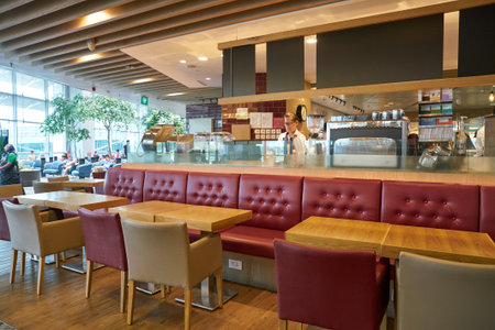 SINGAPORE - CIRCA APRIL, 2019: Pret a Manger at Singapore Changi Airport. Pret a Manger is an international sandwich shop chain.のeditorial素材