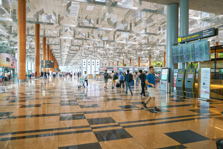 SINGAPORE - CIRCA APRIL, 2019: check-in area at Singapore Changi International Airport, Terminal 3.のeditorial素材
