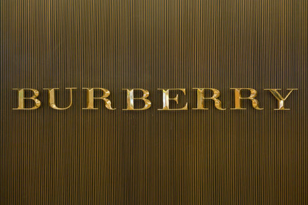 SINGAPORE - CIRCA APRIL, 2019: close up shot of Burberry sign on a wall. Burberry Group PLC is a...