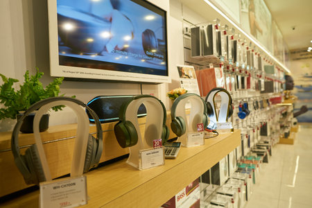 SINGAPORE - CIRCA APRIL, 2019: goods on display at an electronics store in Singapore Changi Airport.