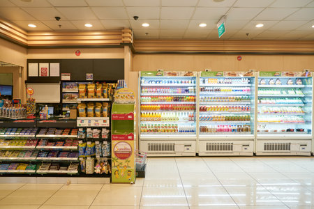 SINGAPORE - CIRCA APRIL, 2019: interior shot of 7-Eleven at Changi International Airport.のeditorial素材