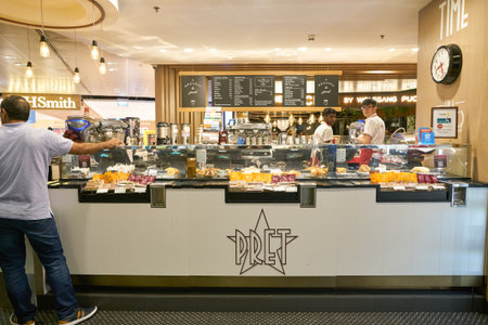 SINGAPORE - CIRCA APRIL, 2019: Pret a Manger at Singapore Changi Airport. Pret a Manger is an international sandwich shop chain.のeditorial素材