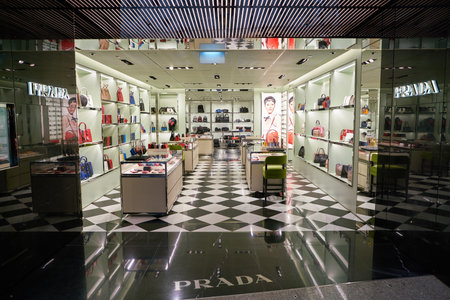 SINGAPORE - CIRCA APRIL, 2019: goods on display at a Prada store in Changi International Airport.