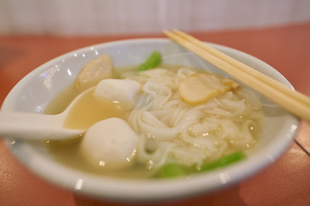 Close up shot of Kway Teow soup at a lounge.のeditorial素材