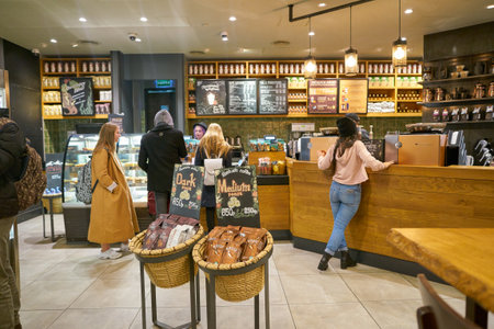 MOSCOW, RUSSIA - CIRCA OCTOBER, 2018: interior shot of Starbucks in Moscow.