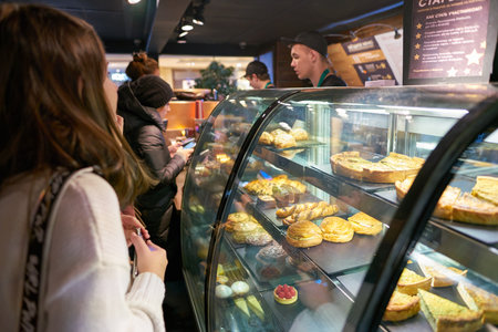 MOSCOW, RUSSIA - CIRCA OCTOBER, 2018: food on display at Starbucks in Moscow.のeditorial素材