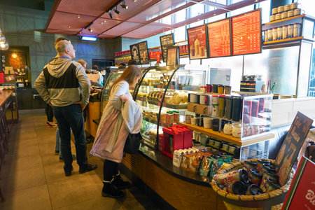 MOSCOW, RUSSIA - CIRCA NOVEMBER, 2018: interior shot of Starbucks in Sheremetyevo International Airport.のeditorial素材