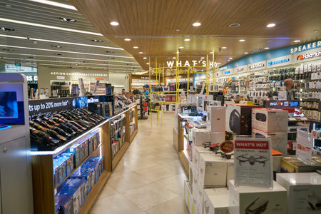 SINGAPORE - CIRCA APRIL, 2019: goods on display at an electronics store in Singapore Changi Airport.