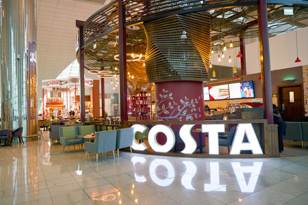 DUBAI, UAE - CIRCA JANUARY, 2019: Costa Coffee in Dubai International Airport. Costa Coffee is a British multinational coffeehouse company.のeditorial素材