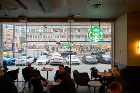 MOSCOW, RUSSIA - CIRCA OCTOBER, 2018: interior shot of Starbucks in Moscow.のeditorial素材