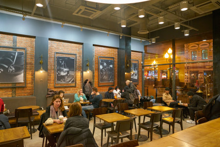 MOSCOW, RUSSIA - CIRCA OCTOBER, 2018: interior shot of Starbucks in Moscow.