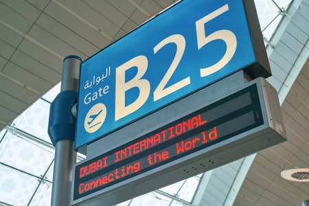 DUBAI, UAE - CIRCA JANUARY, 2019: a gate sign seen at Dubai International Airport.