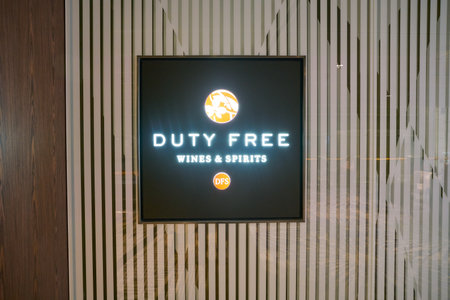 SINGAPORE - CIRCA APRIL, 2019: DFS Wine & Spirits sign seen at Singapore Changi Airport.のeditorial素材