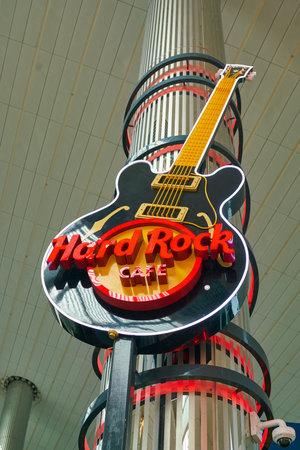 DUBAI, UNITED ARAB EMIRATES - CIRCA JANUARY, 2019: Hard Rock Cafe sign seen at Dubai International Airport.のeditorial素材