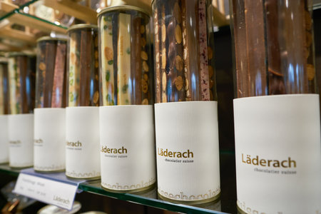 ZURICH, SWITZERLAND - CIRCA OCTOBER, 2018: close up shot of chocolate on display at Laderach store in Zurich.のeditorial素材