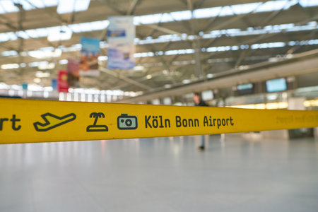 COLOGNE, GERMANY - CIRCA OCTOBER, 2018: yellow belt seen at check-in area in Cologne Bonn Airport.のeditorial素材