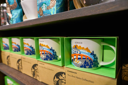 ZURICH, SWITZERLAND - CIRCA OCTOBER, 2018: mugs on display at Starbucks Coffee in Zurich.のeditorial素材