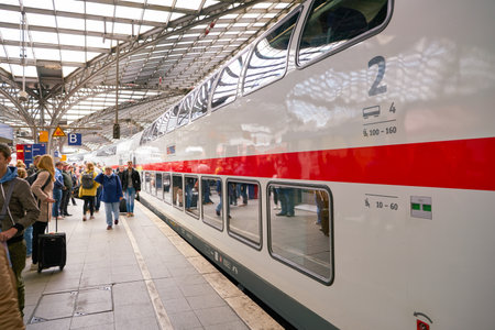 COLOGNE, GERMANY - CIRCA OCTOBER, 2018: a double-decker train seen on platrform at Cologne main station.のeditorial素材