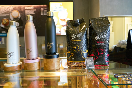 COLOGNE, GERMANY - CIRCA OCTOBER, 2018: goods on display at McCafe in Cologne.のeditorial素材