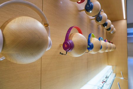 COLOGNE, GERMANY - CIRCA OCTOBER, 2018: Beats headphones on display at Apple store in Cologne.のeditorial素材