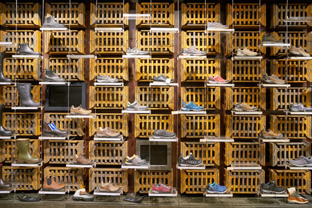COLOGNE, GERMANY - CIRCA OCTOBER, 2018: footwear on display at Globetrotter store in Cologne.のeditorial素材