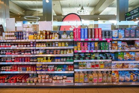 COLOGNE, GERMANY - CIRCA OCTOBER, 2018: interior shot of a REWE City supermarket in Cologne Bonn Airport.のeditorial素材