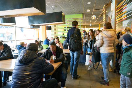 COLOGNE, GERMANY - CIRCA OCTOBER, 2018: interior shot of McDonald's restaurant in Cologne.のeditorial素材